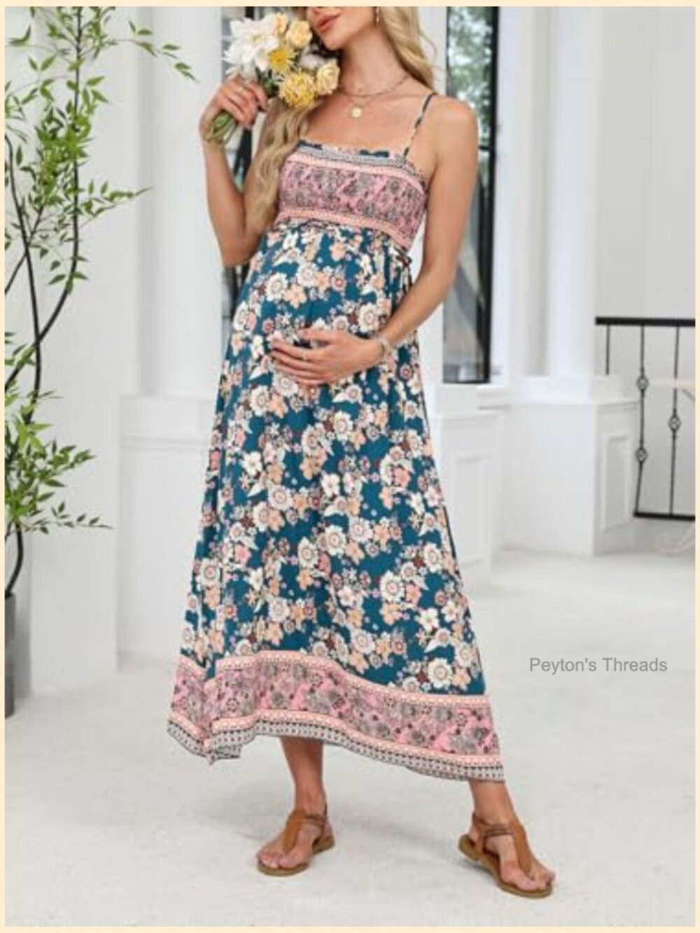 Maternity Maxi Dress Square Neck Smocked Ruched Flowy Pregnancy Baby Shower - Picture 5 of 7